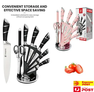 9× Stainless Steel Kitchen Knife Set With 360º Rotating Knife Block (Pink&Black) • $53.40