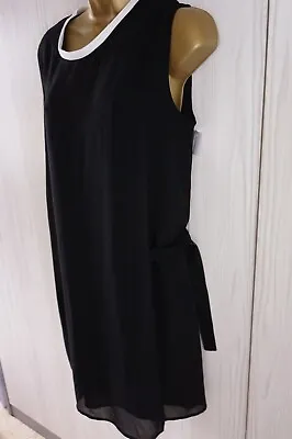 Size 12 Unusual Loose Fit Double Layer Tunic Black Designer Smart Dress & Belt • £12.99