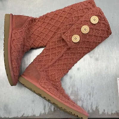 UGG Cardy Lattice Knit Sweater Pink Salmon Tall Boots 1002483 Womens Size 7 • $39.99