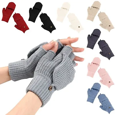 Men Women Winter Wool Knitted Convertible Mittens Flap Fingerless Gloves Thermal • $9.89