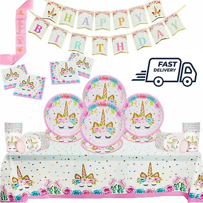 Unicorn Birthday Party Decoration For Supplies Girl Tableware Balloon Banner Kit • £10.98
