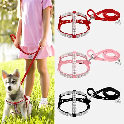 £8.39 • Buy Suede Bling Rhinestones Step In Dog Harness And Leads Adjustable Pink Red Black