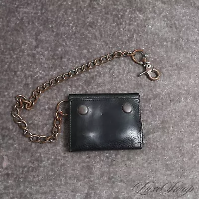 Anonymous RUGGED Solid Black Grained Leather Motorcycle Tri Fold Wallet On Chain • $9.99