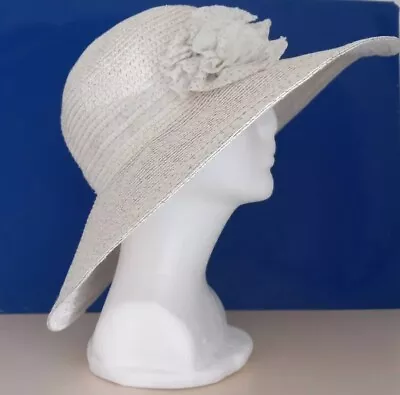 M&S Very Glamorous White & Silver Wide Brim Sun Hat With White Corsage • £12