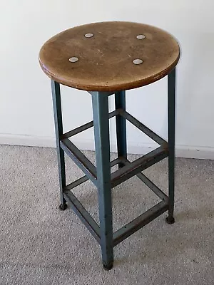 Vtg 26” Wood / Metal Industrial School Shop Stool 13” X 5/8” Thick Round Seat • $179.99