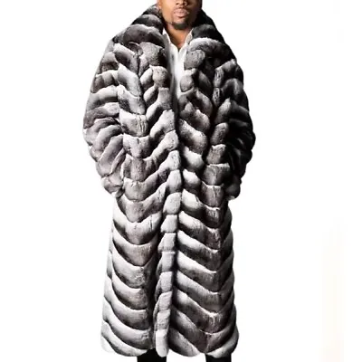 2022 Winter Men Chinchilla Real Rex Rabbit Fur Coat With Lapel Warm Long Outwear • $598.99