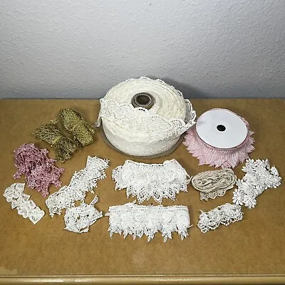 Lot Of 13 Vintage Lace Trim Pieces Scraps Crochet Shabby Chic Embellishments • $32