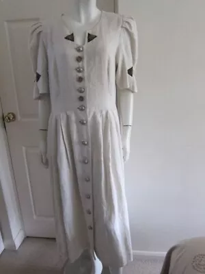 Vintage H Moser Dress Size 42 Beige Victorian Edwardian Retro Long Linen Pockets • £45