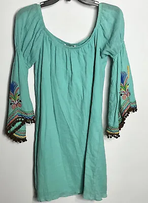 $39.99 • Buy Va Va By Joy Han Womens S Dress Hula Sue Green Embroidered Pom Pom Gauze Boho