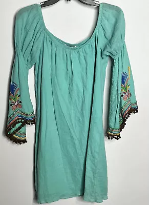 Va Va By Joy Han Womens S Dress Hula Sue Green Embroidered Pom Pom Gauze Boho • $39.99