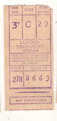 Bus / Tram Ticket London Transport Gibson M/c No 35564 Route 278 West Ham • £3.99