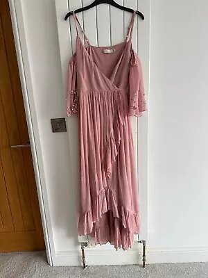 Oasis Blush Pink Wrap Maxi Dress Cold Shoulder Embellished Sleeves Size 10 • £4