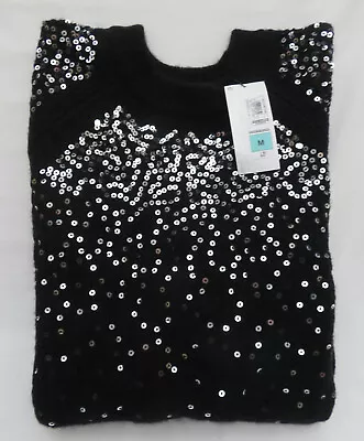 Ladies Marks And Spencer Black Crew Neck Jumper With Silver Sequin Size M • £22.50