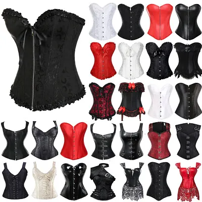 Women Overbust Boned Corset Bustier Burlesque Basque Top Gothic Lace Up Costume • £14.99