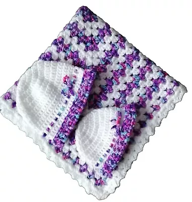 New Handmade Crochet Baby Pink&Purple Mix Multi Purpose Blanket+2 Hats. L@@K! • £19.95