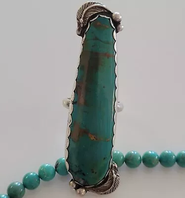 Vintage HANDMADE Old Pawn NAVAJO Handmade 2 1/2  Long Sterling Turquoise Ring 8 • $0.01