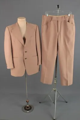 Men's 1970s Tan Textured Polyester Leisure Suit Jacket M Pants 35x31 70s Vtg  • $69.99