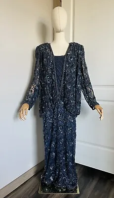 Vintage Judith Ann Creations Navy Blue Rayon Sequin Lace Gown Evening Dress Sz M • $110