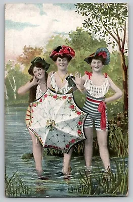 3 Bathing Beauties Striped Suits Edwardian Antique Vtg Postcard C1910 1070 Rare • $19.95