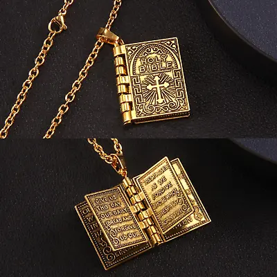 Gold Bible Pendant Lord's Prayer Necklace Christian Catholic Jewelry Men Women • $18.50