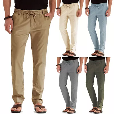 Mens Pants Loose Cotton Linen Straight Pants Elastic Waist Casual Loose Trousers • $16.69