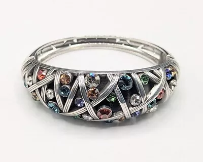 Brighton Multicolor Colorful Crystal Wide Tapered Hinge Silver Bangle Bracelet • $44