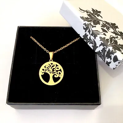 Stainless Steel Gold Spiritual Celtic Family Tree Of Life Pendant Necklace Boxed • $18.48