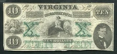 1862 $10 Virginia Treasury Note Richmond Va Obsolete “wtcc Watermark” Unc • $199.95