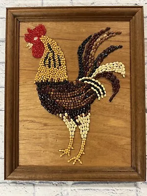 VTG  Mosiac Bean Art Rooster Wall Decor Framed  Folk Art Rooster Grains/Beans • $32