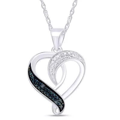 Round Blue & White Real Diamond Heart Pendant 14k White Gold Plated Silver • $123.72