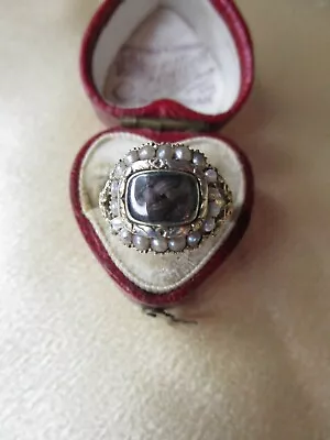 Antique Georgian 14k Gold Mourning Hair Locket Seed Pearl Ring • $900