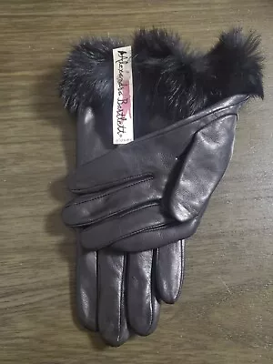 Vintage Alexandra Bartlett Black Leather Gloves With Rabbit Fur Trim • $65