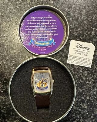 DISNEYLAND 50th ANNIVERSARY WATCH IN TIN W/ BOX - NEVER USED - BROWN BAND F93047 • $38.99