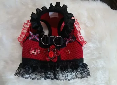 Dogs Harness Size Small  /chihuahua Designer Red& Black Flowers Harness Dress.. • £10.99