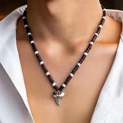 Shark Tooth Surfer Necklace For Men - Tribal Wood Beads Adjustable 18 +2.7  • $13.99