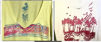 2-Vtg OP T-Shirt Ocean Pacific White/Hot Pink & Yellow/Turquoise V-Neck Size XL • £18.29