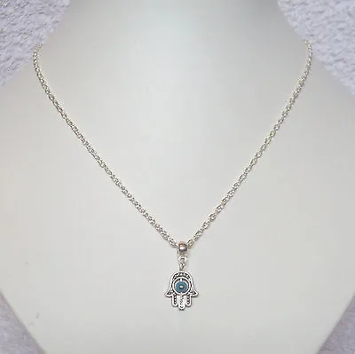 Hamsa Hand Blue Evil Eye Protection Pendant 18  Chain Necklace In Gift Bag • £4.60