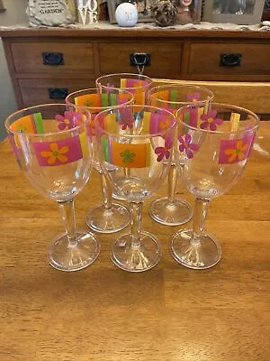 Set Of 6 Hand Painted Pink Flowers On Plastic Wine Glasses 8 1/4” • $24.85