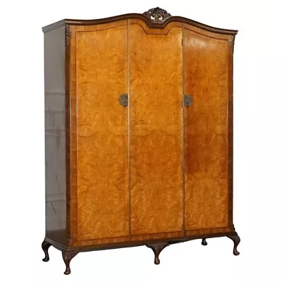 ANTIQUE DiSTRESSED BURR WALNUT TRIPLE WARDROBE WITH QUEEN ANNE LEGS • £2000