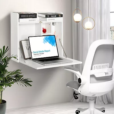 Wall-mounted Computer Desk Folding Laptop Drop-Leaf Study Table With Shelf Home • £34.49