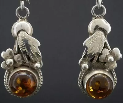 Antique Sterling Silver Natural Baltic Amber Leafy Dangle Earrings 3.8g  1.38  • $39.95