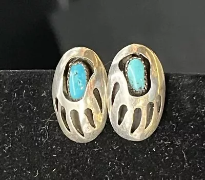 Vintage Native American Sterling Silver Turquoise Paw Print Earrings SEE PICS • $39.88