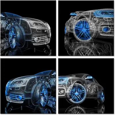 4 Pieces Modern Car Canvas Wall Art Black And Blue 3D Car Model Cool Picture Pri • $54.73