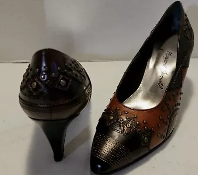 Margaret Jerrold Shoe 6.5 N Narrow Brown Chocolate Leather Copper Studs Heel VTG • $28.98