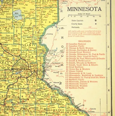Vintage MINNESOTA Railroad Map 1940s Wall Art Original Minneapolis St Paul • $11.95