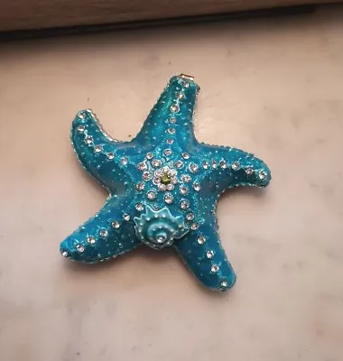 Blue Starfish Figural Crystal Enamel Metal Hinged Jewelry Trinket Box • $10.79