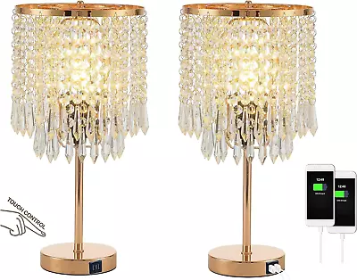 Gold Crystal Table Lamps Set Of 2 With 2 USB Charging PortsModern Crystal • $100.39