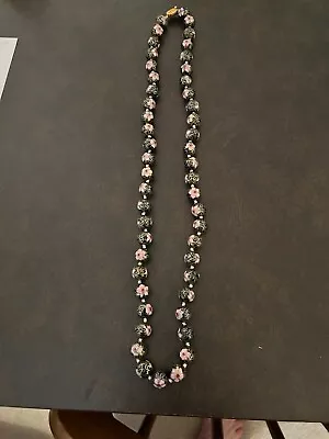 Vintage Black W/Pink Flower Cloisonne Enamel Round Beads Knotted Necklace 29  • $44.99