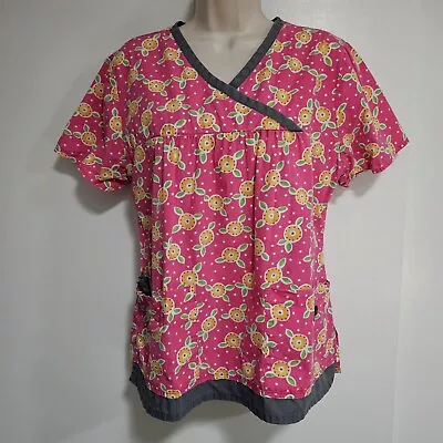 Mary Engelbreit Size M Pink Floral Flower Scrub Top Shirt 3 Pocket Contrast Trim • $9.95