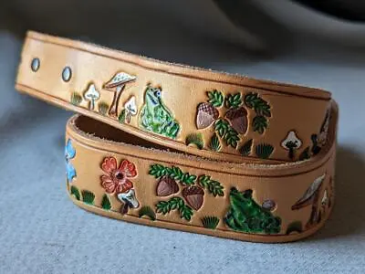 1970s Vintage PSYCHEDELIC Mushrooms 30 Leather HIPPIE Boho WESTERN Buckle Belt • $68.95